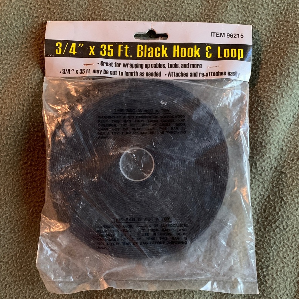 Nip Harbor Freight Tools 3/4” x 35’ black hook and loop. Item 96215